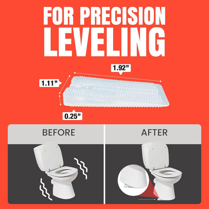 Clear Wobble Wedge used for toilet leveling with measurements and before/after comparison