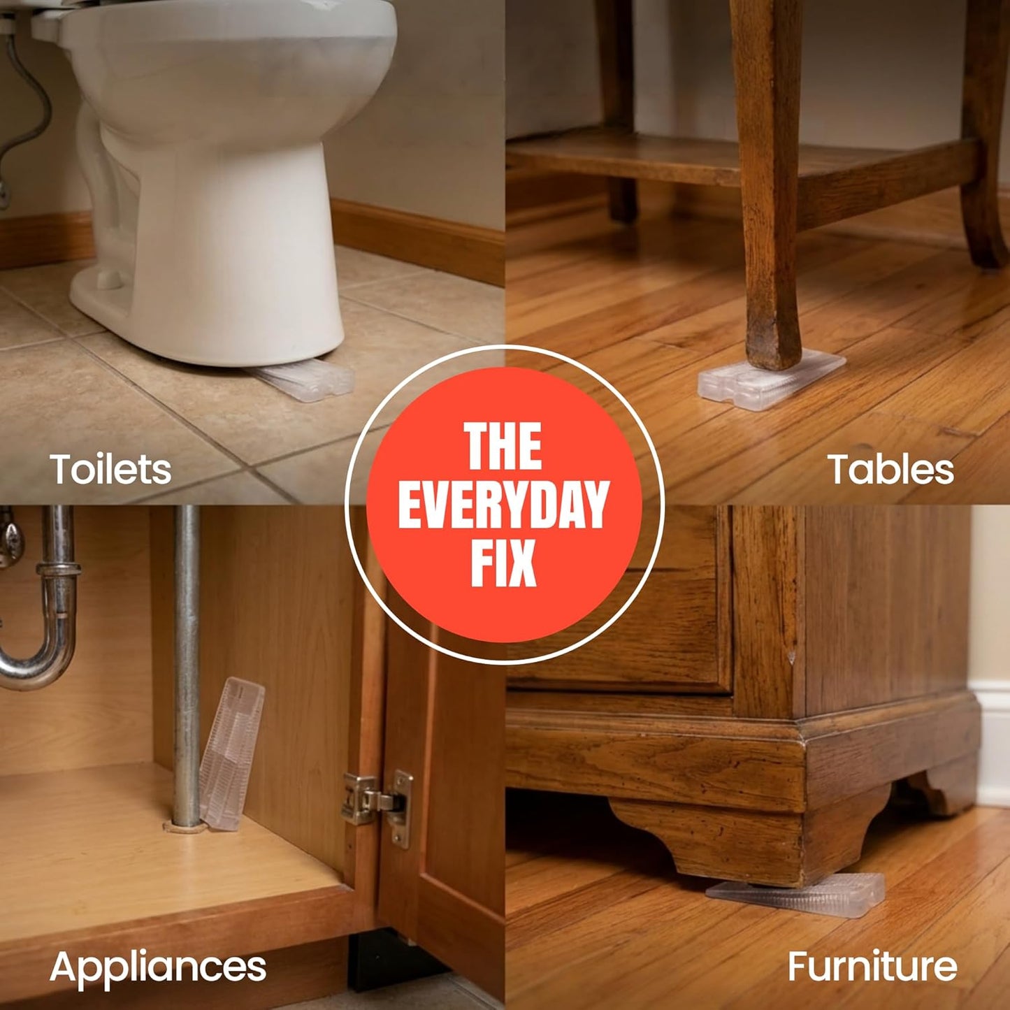 Images showing clear Wobble Wedge in use under toilet, table, appliance, and furniture for leveling and stability.