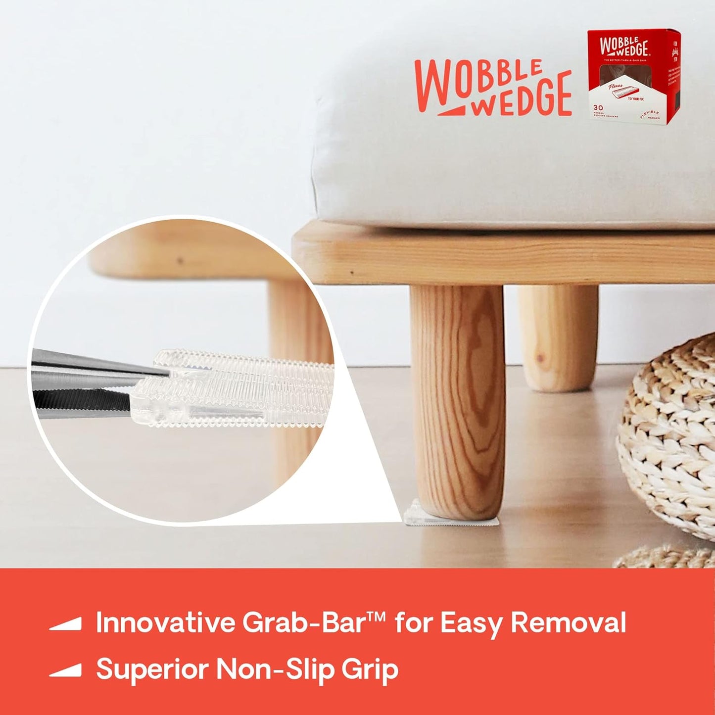 Wooden stool with clear Wobble Wedge support showing Grab-Bar™ feature for easy removal