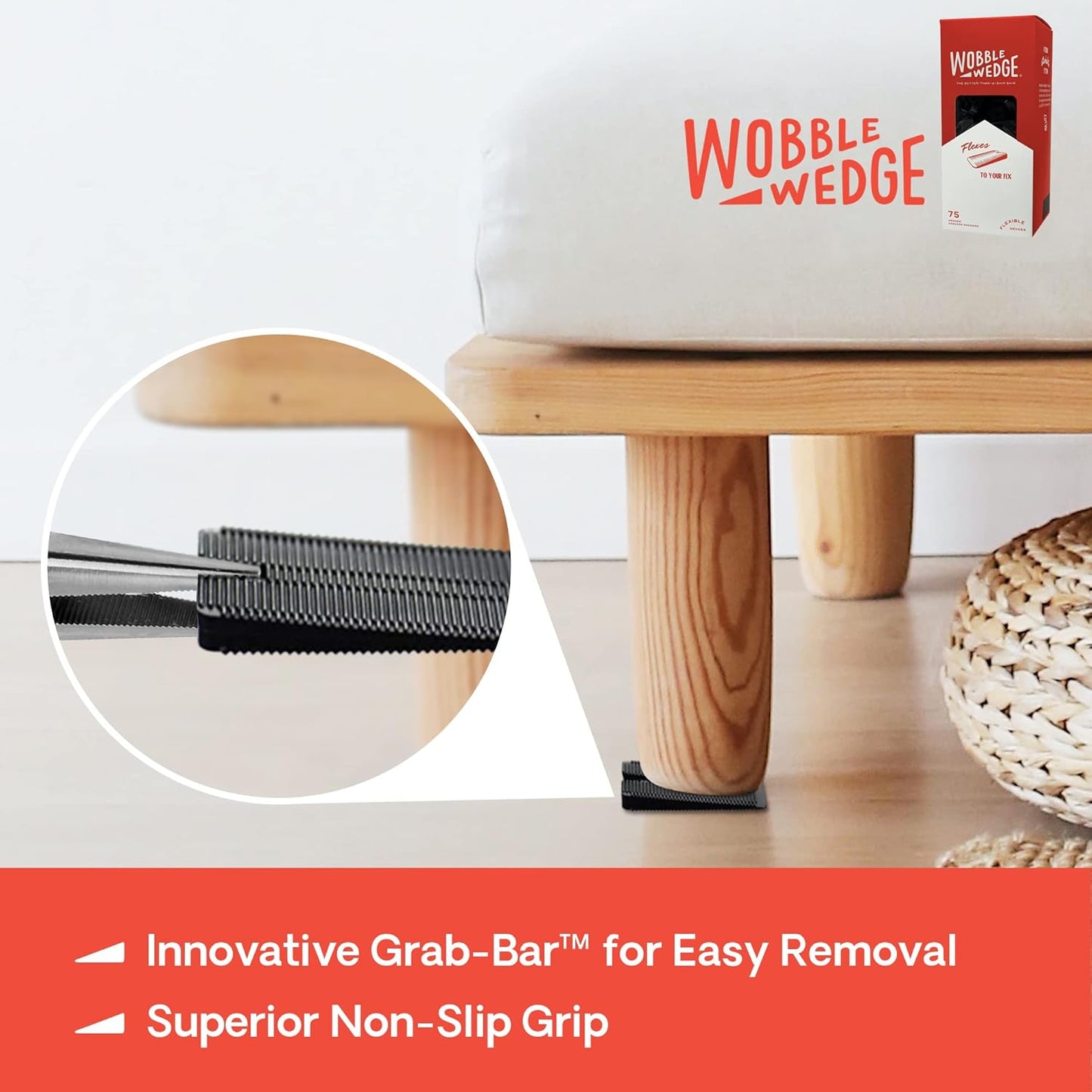Wooden stool with black Wobble Wedge product and text highlighting features on a white background