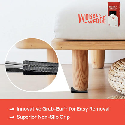 Wooden stool with black Wobble Wedge product and text highlighting features on a white background