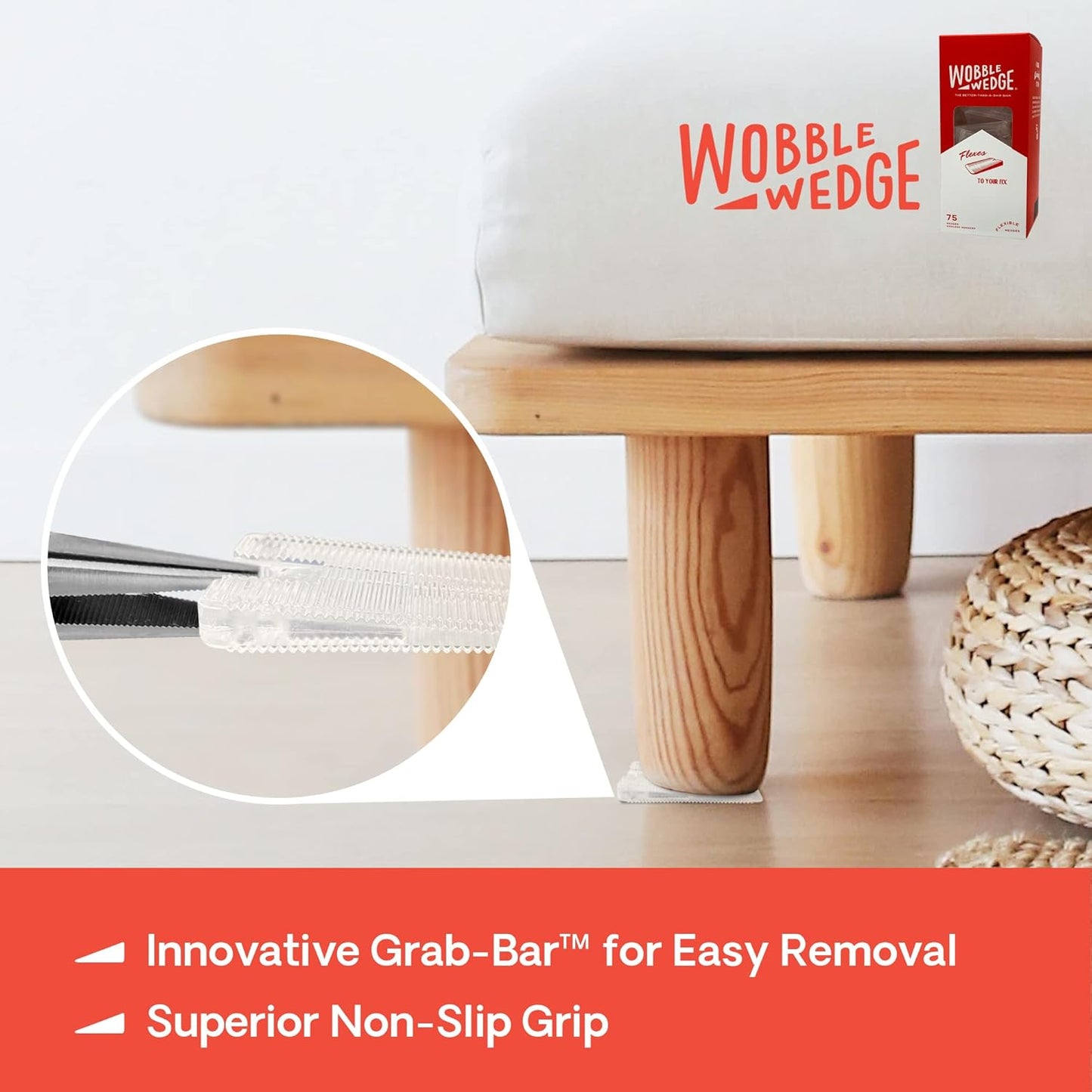 Wooden stool with Wobble Wedge product and easy Grab-Bar™ feature for easy removal