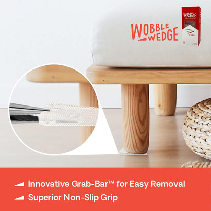 Wooden stool with Wobble Wedge product and easy Grab-Bar™ feature for easy removal