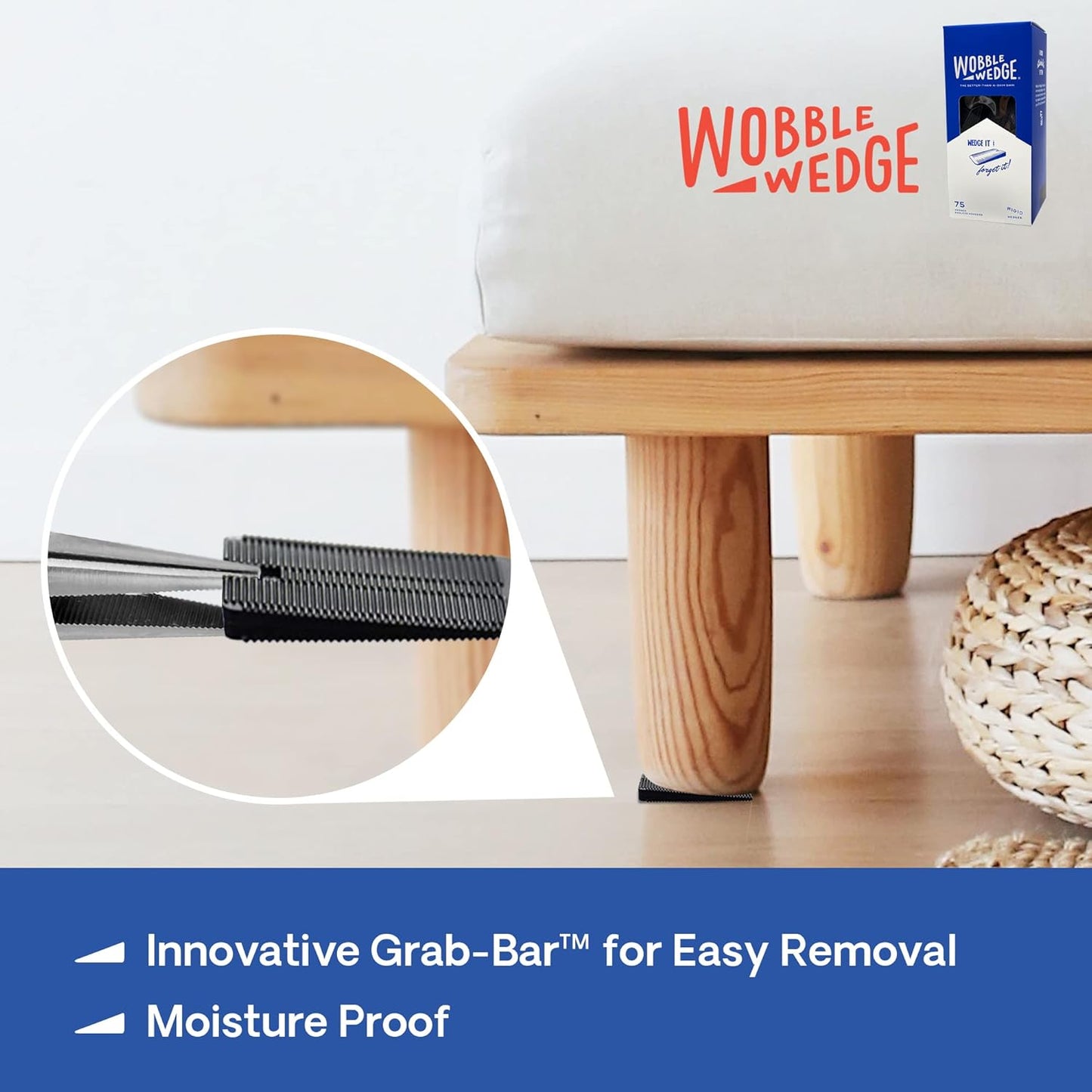 Wooden stool with black rigid Wobble Wedge product and packaging on a light background