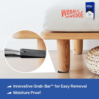Wooden stool with black rigid Wobble Wedge product and packaging on a light background