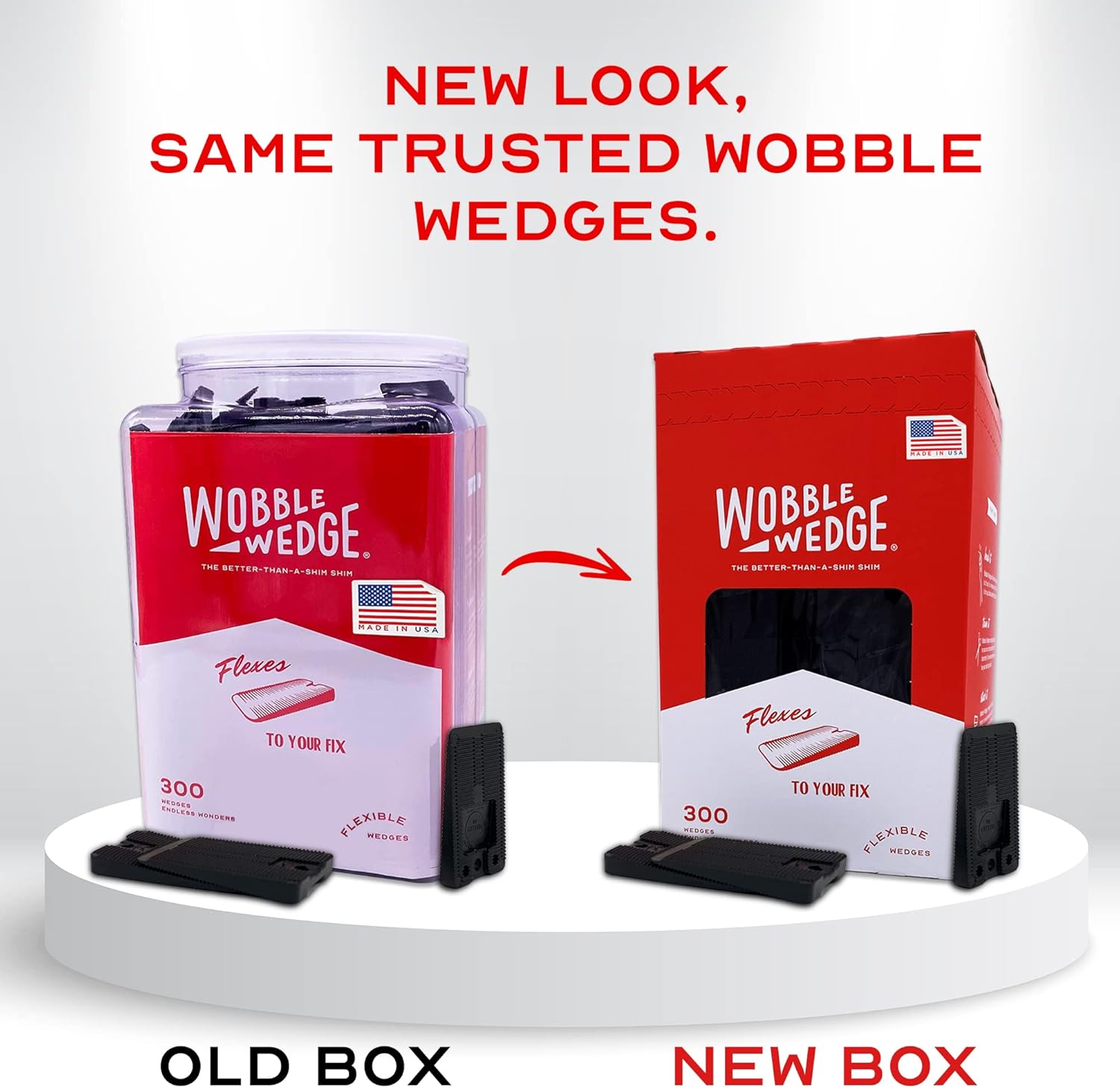 Comparison of old and new packaging for black Wobble Wedge products on a white background.