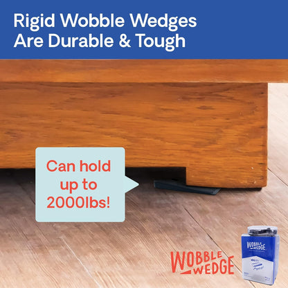 Black rigid Wobble Wedge holding up a wooden table with text highlighting durability and capacity.
