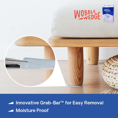 Wooden stool supported by clear Wobble Wedges showing Grab-Bar™ for easy removal on a white background