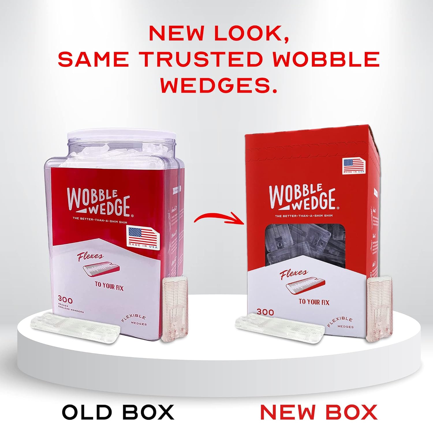 Comparison of old and new packaging for Wobble Wedge on a white background