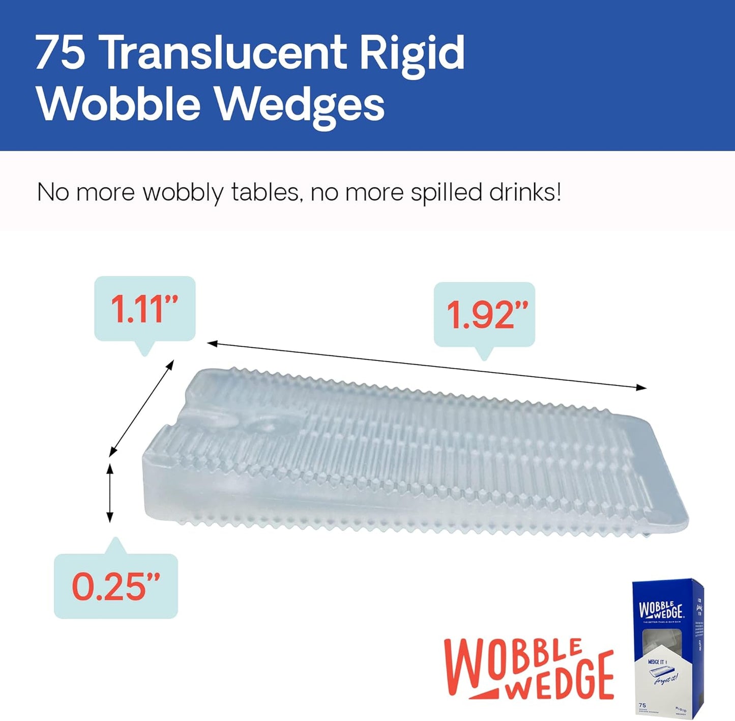 Translucent rigid Wobble Wedges with dimensions and packaging on a white background