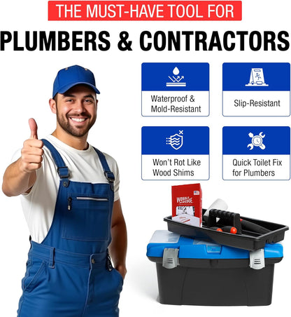 Man in blue overalls giving a thumbs up beside toolbox and a box Wobble Wedge, highlighting product benefits for plumbers and contractors