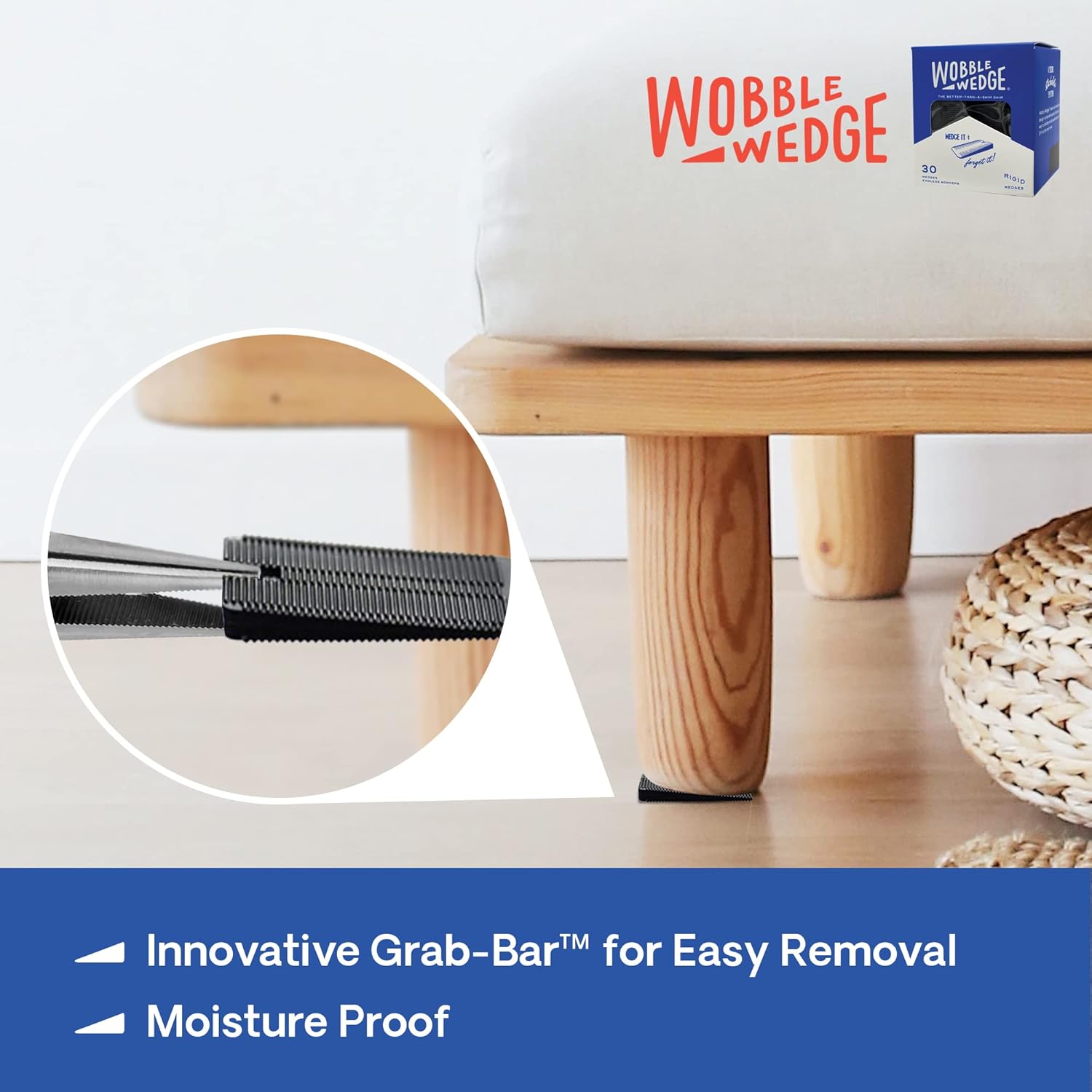 Wooden stool with black rigid Wobble Wedge product featuring Grab-Bar™ easy removal 