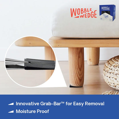 Wooden stool with black rigid Wobble Wedge product featuring Grab-Bar™ easy removal 