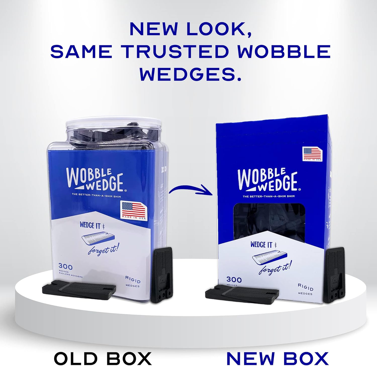 Comparison of old and new black rigid Wobble Wedge packaging on a white background