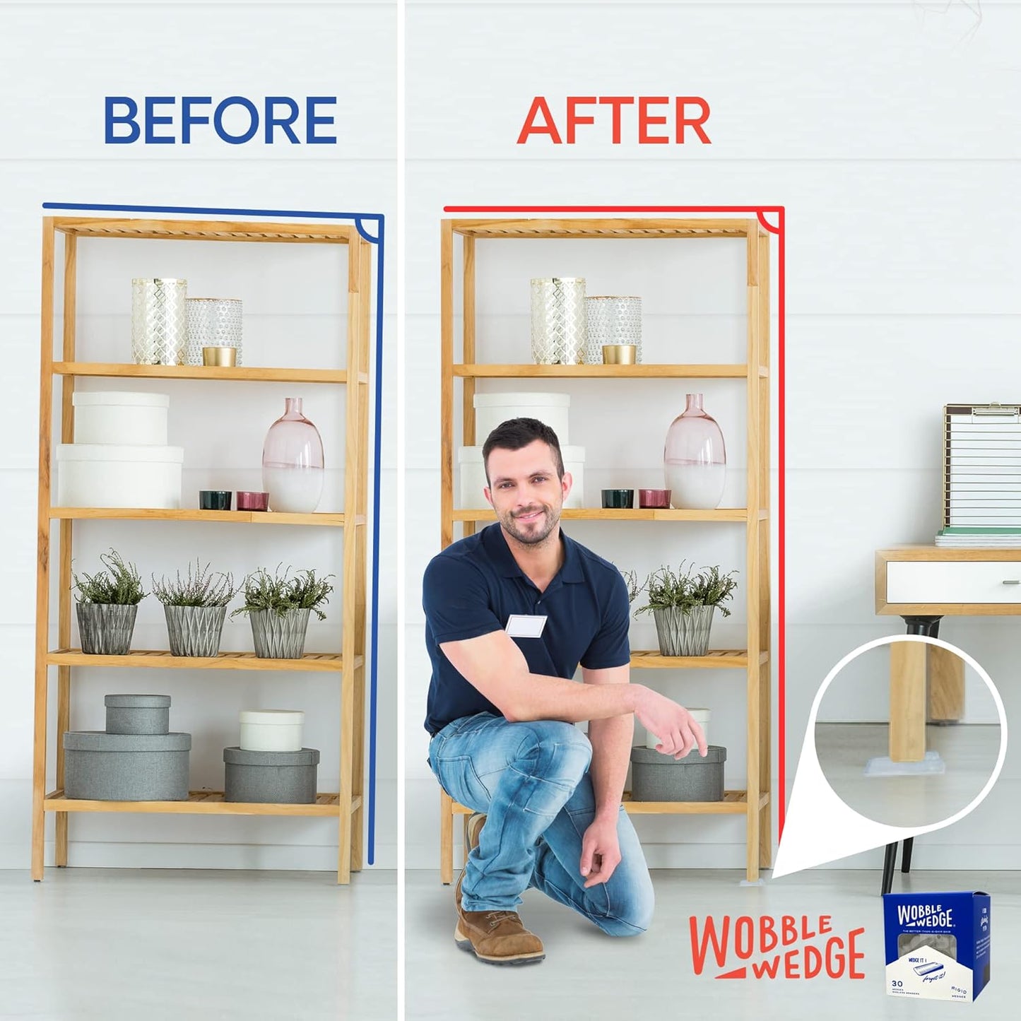 Before-and-after comparison of a shelf stabilized using Wobble Wedge