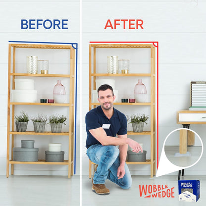 Before-and-after comparison of a shelf stabilized using Wobble Wedge