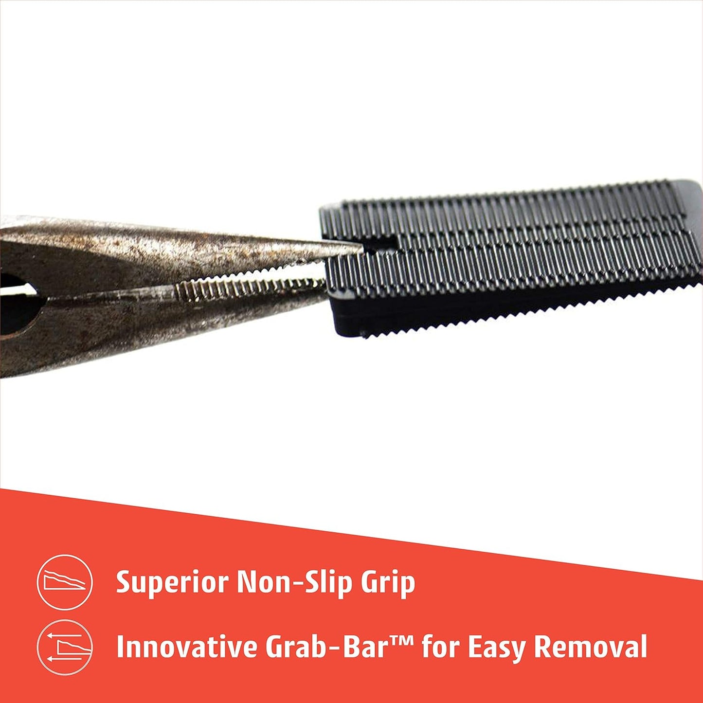 Pliers holding a black Wobble Wedge highlighting non-slip grip and Grab-Bar™ feature for easy removal