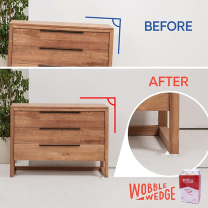 Wooden drawer before and after using Wobble Wedge, with product packaging visible.