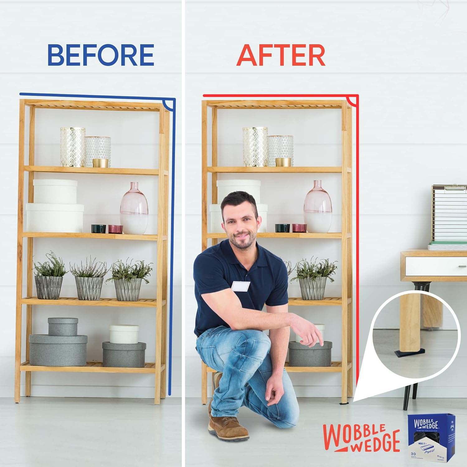 Before and after comparison of a shelf with black rigid Wobble Wedge product.