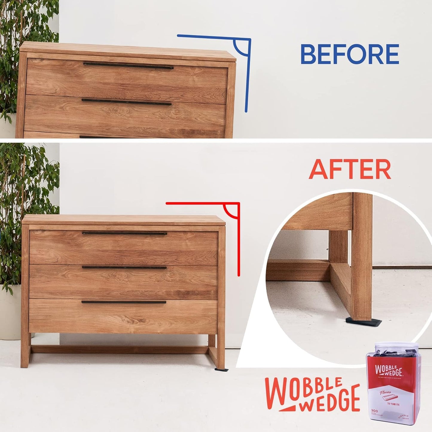 Wooden dresser with 'Before' and 'After' comparison using a black Wobble Wedge.