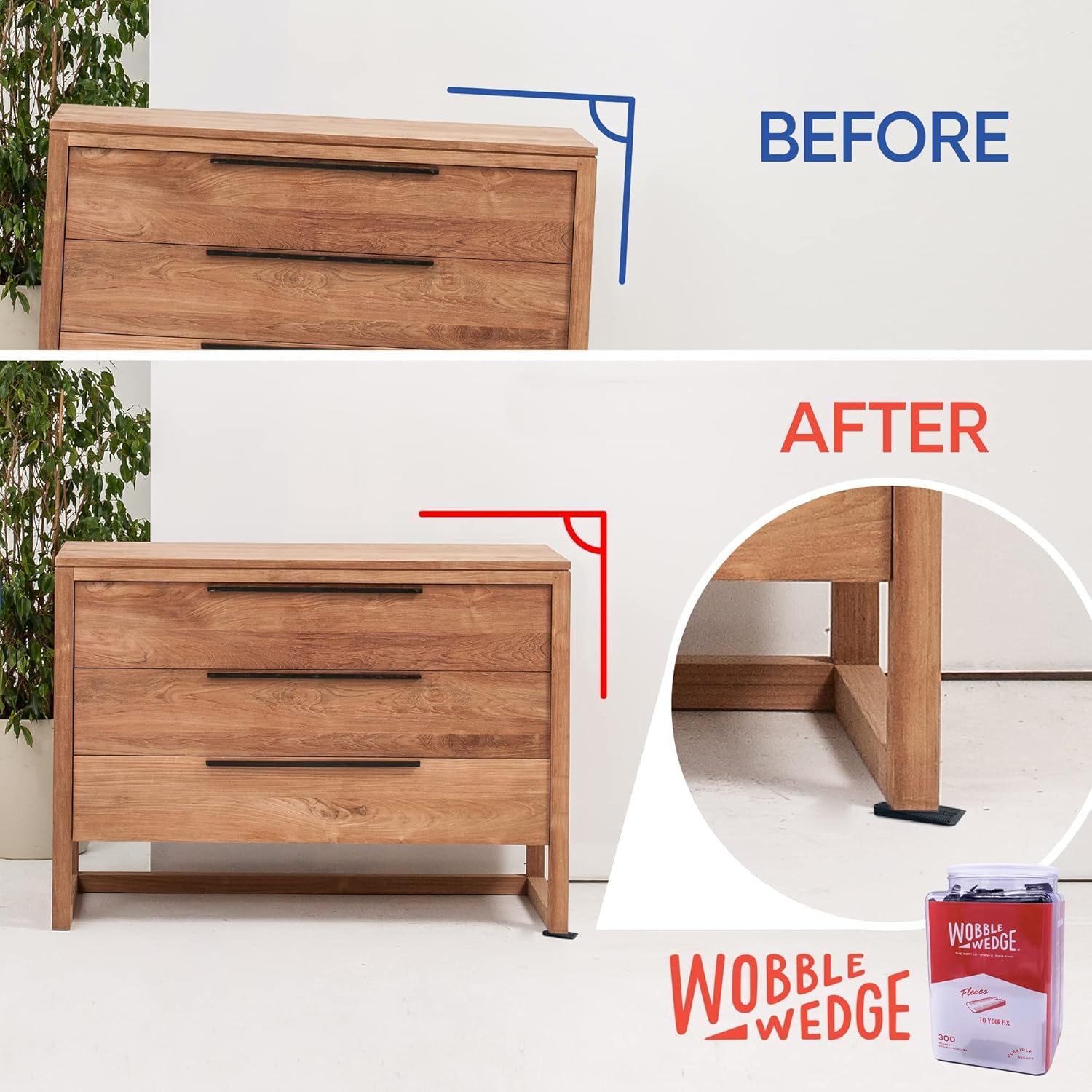 Wooden dresser with 'Before' and 'After' comparison using a black Wobble Wedge.