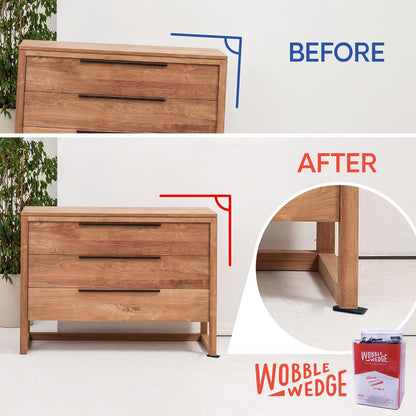 Wooden dresser with 'Before' and 'After' comparison using a black Wobble Wedge.