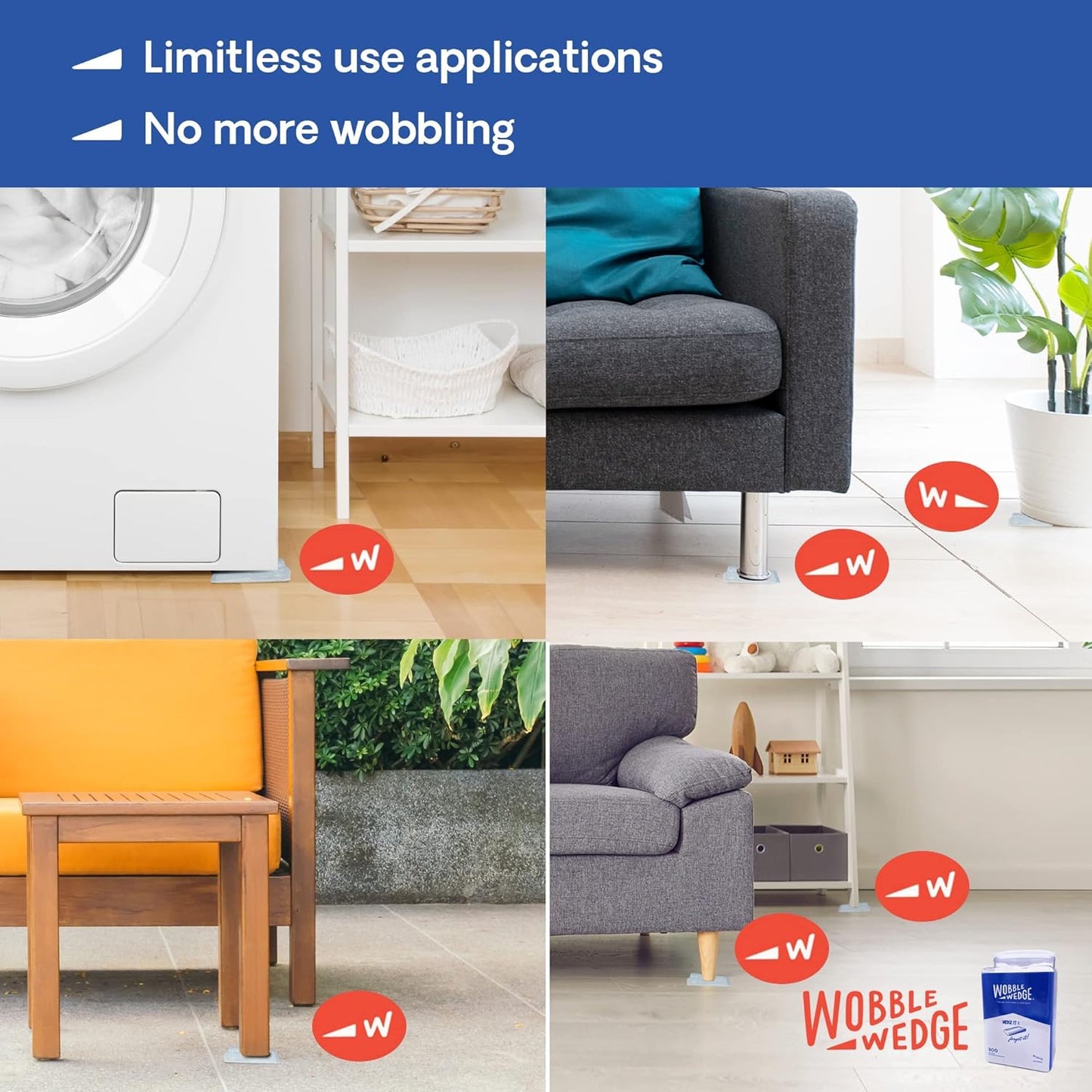Collage of washing machine, couch, and table using translucent Wobble Wedge for stability