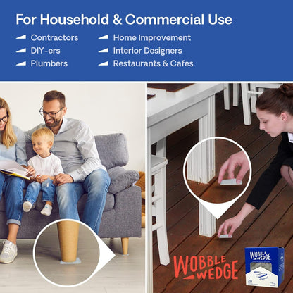 Wobble Wedge supporting a couch and restaurant table showing use in both household and commercial settings