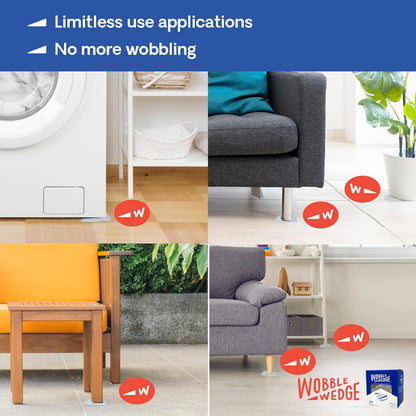Collage of furniture and appliances stabilized with Wobble Wedge products, including washing machine, couch, chair, and table