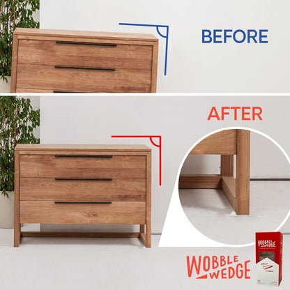 Wooden dresser with before-and-after comparison showing use of Wobble Wedge