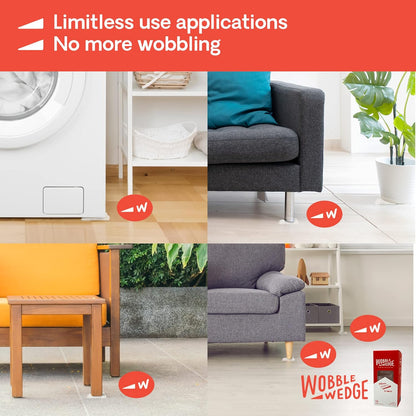 Images of furniture with Wobble Wedge support to reduce wobbling, featuring a washing machine, couch, table, and plant stand.