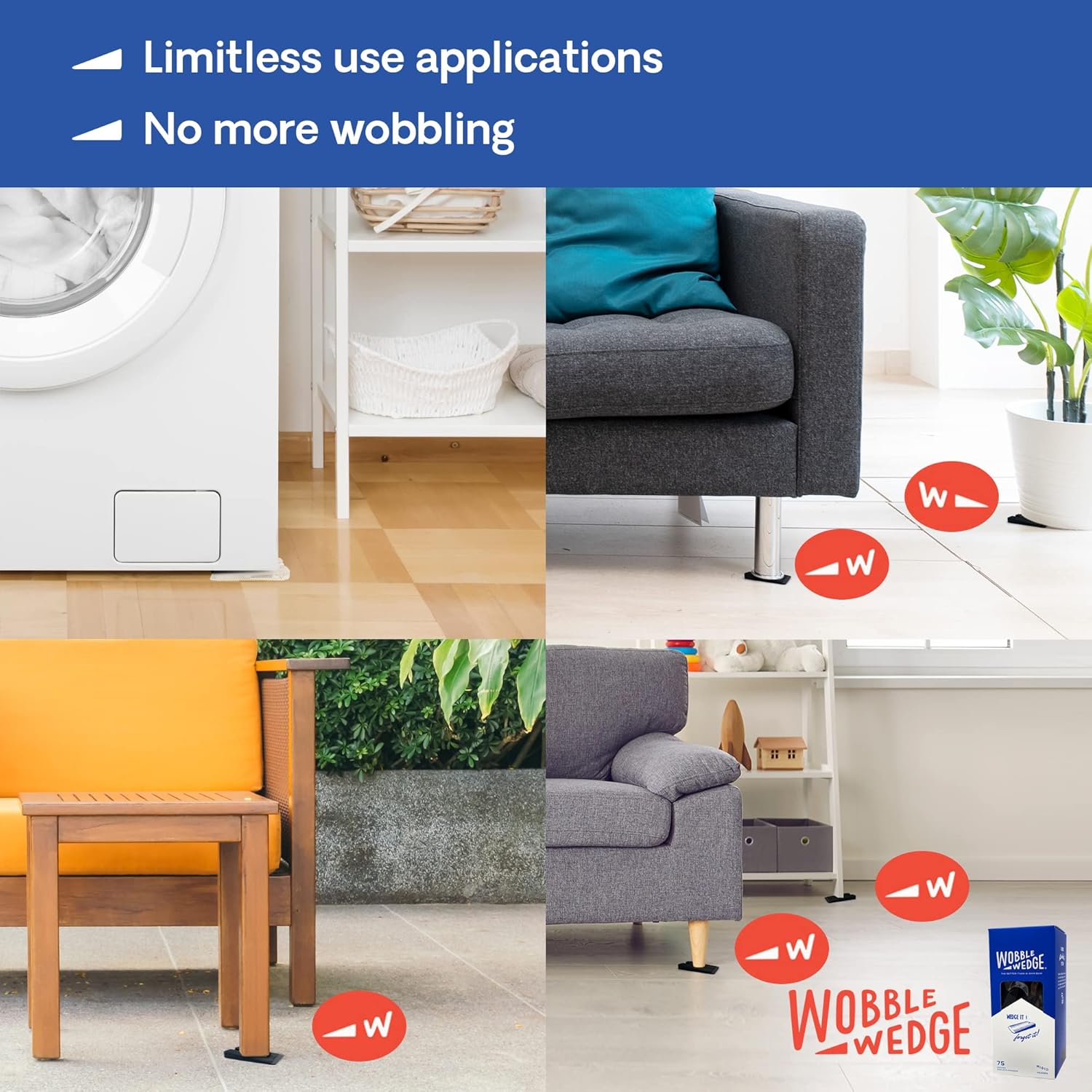 Collage of furniture with black rigid Wobble Wedge products to reduce wobbling, including a washing machine, couch, and table.