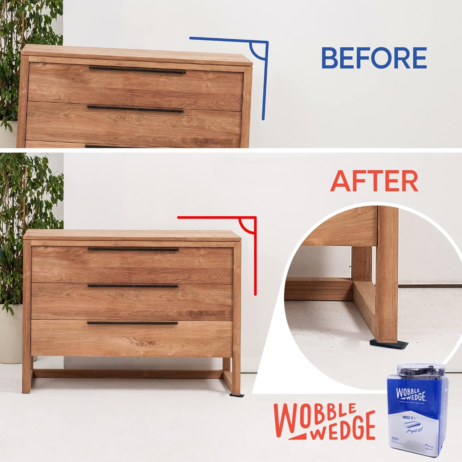 Wooden drawer with black rigid Wobble Wedge product showing before and after effect.
