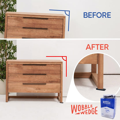 Wooden drawer with black rigid Wobble Wedge product showing before and after effect.