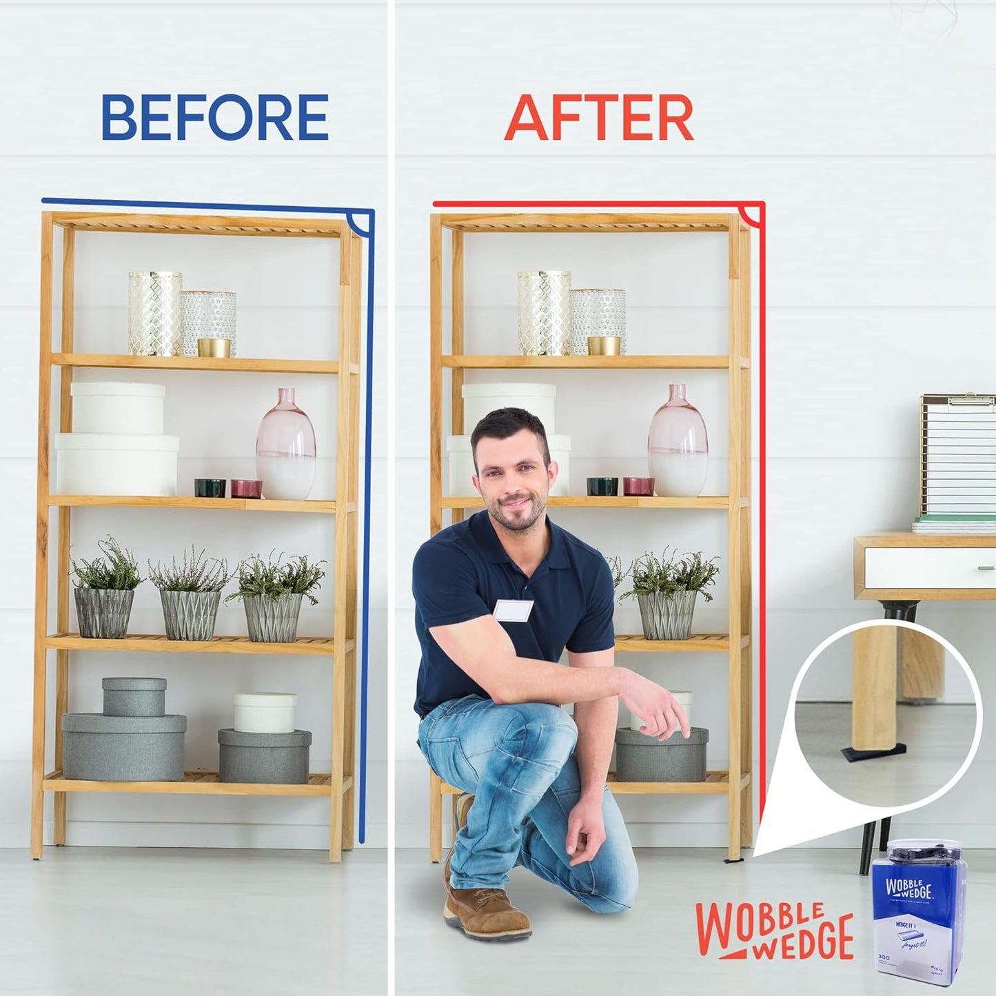 Before-and-after comparison of a shelf stabilized using a black Wobble Wedge