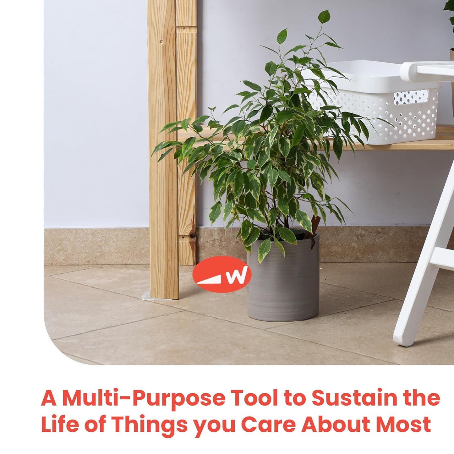Potted plant on a tiled floor and a rack leg supported by a clear wedge