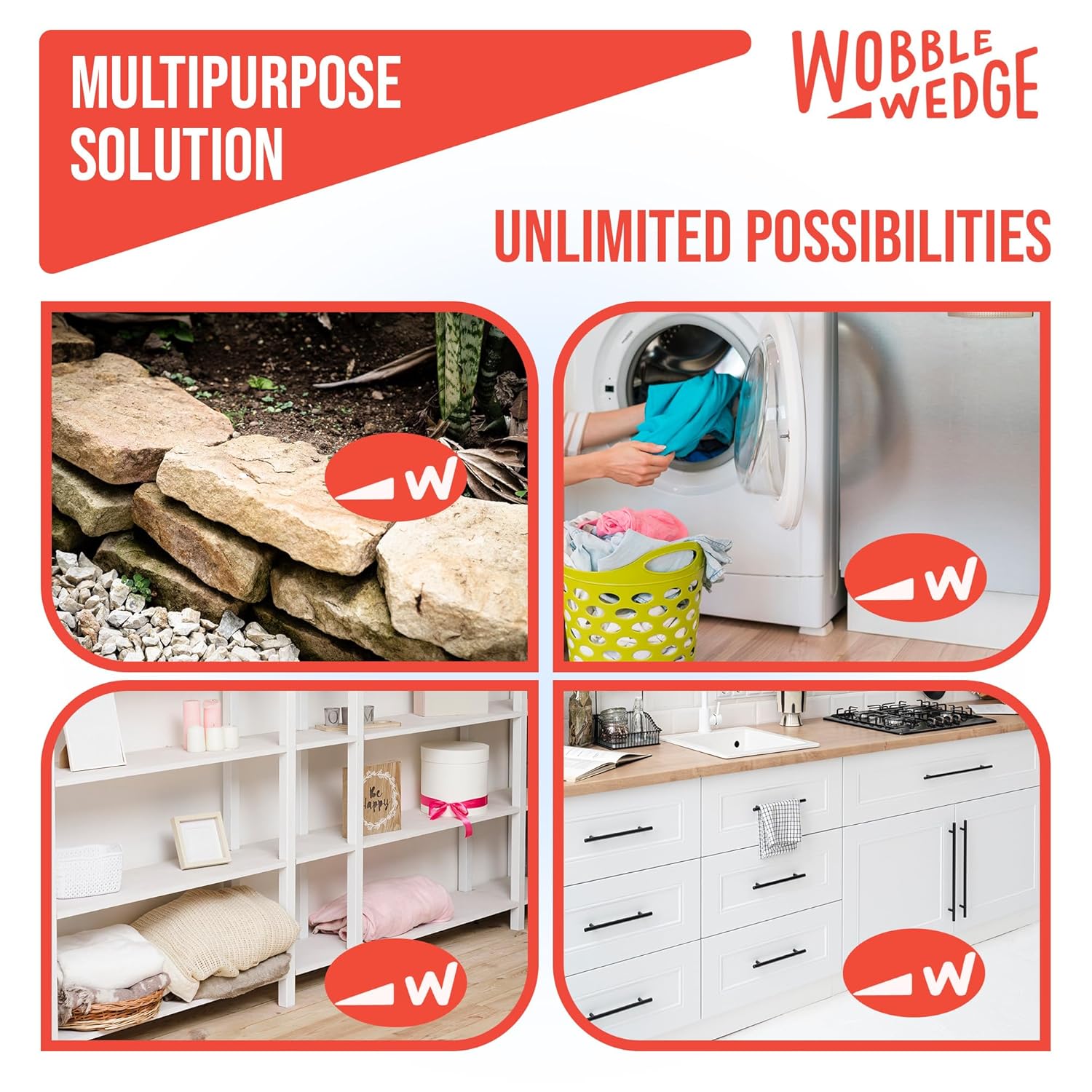 Wobble Wedge product usage scenarios including rocks, laundry machine, shelves, and cabinets 