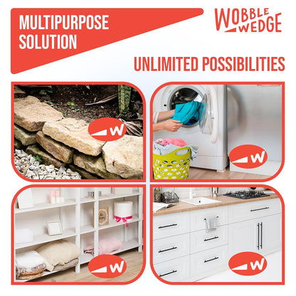 Wobble Wedge product usage scenarios including rocks, laundry machine, shelves, and cabinets 