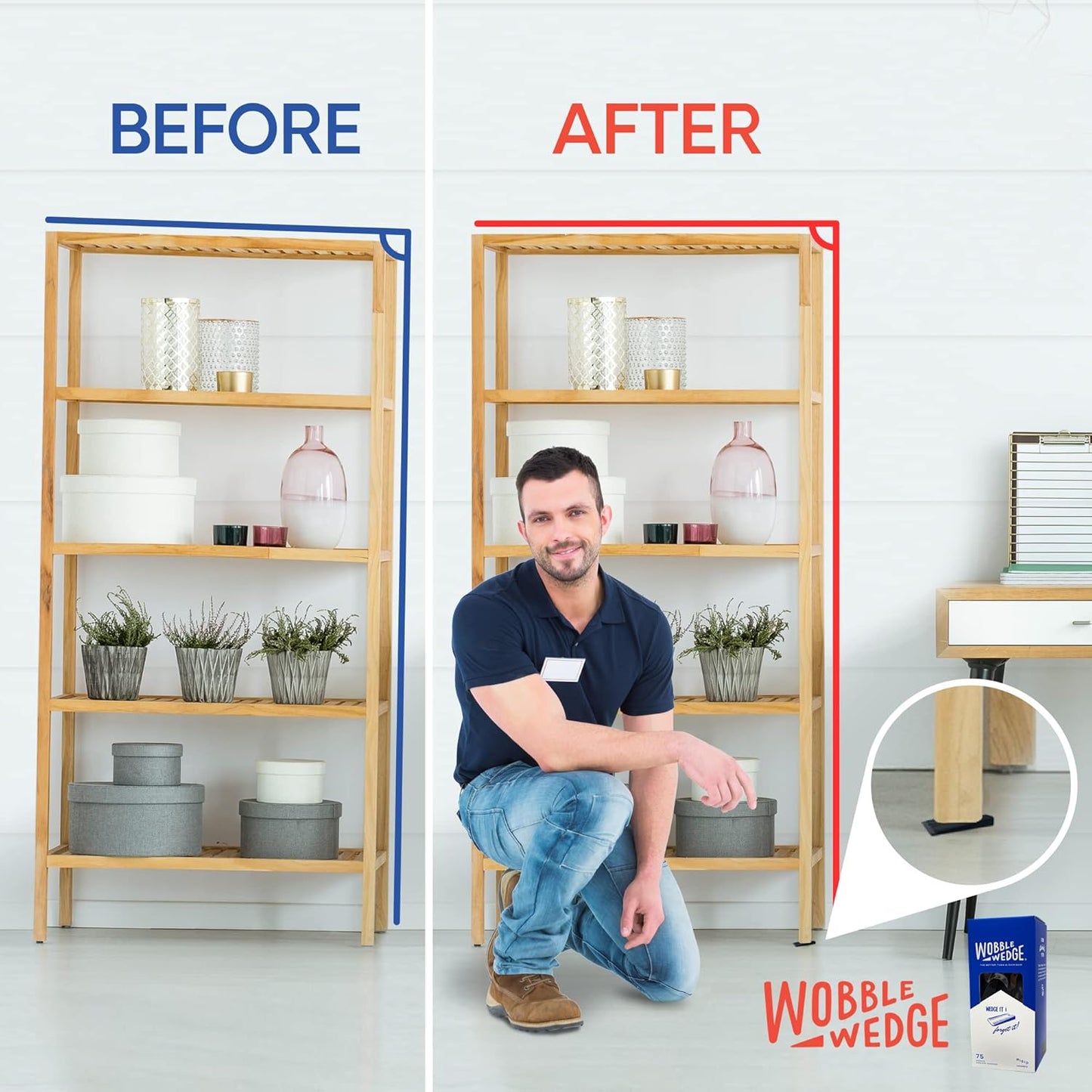 Comparison showing a shelf before and after stabilization using Wobble Wedge products