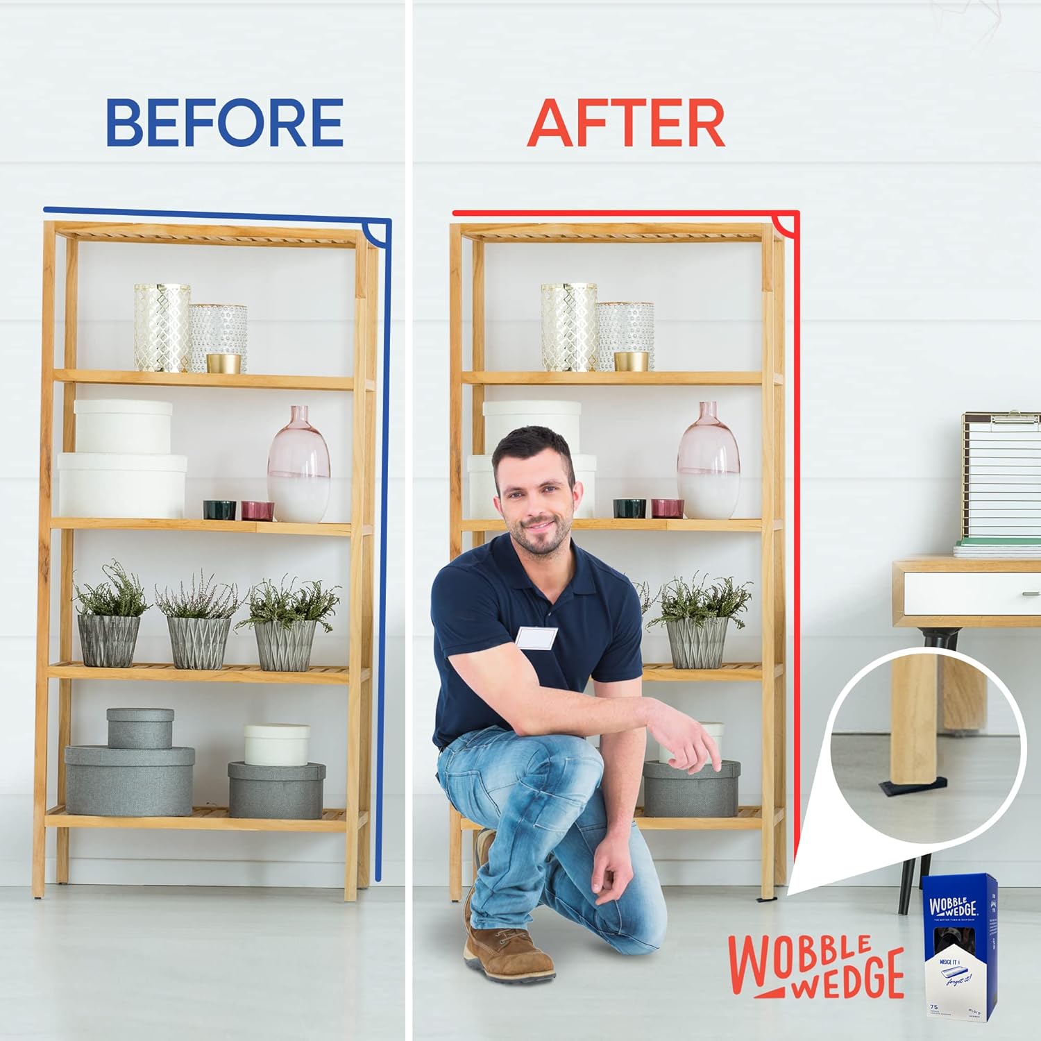 Comparison showing a shelf before and after stabilization using Wobble Wedge products