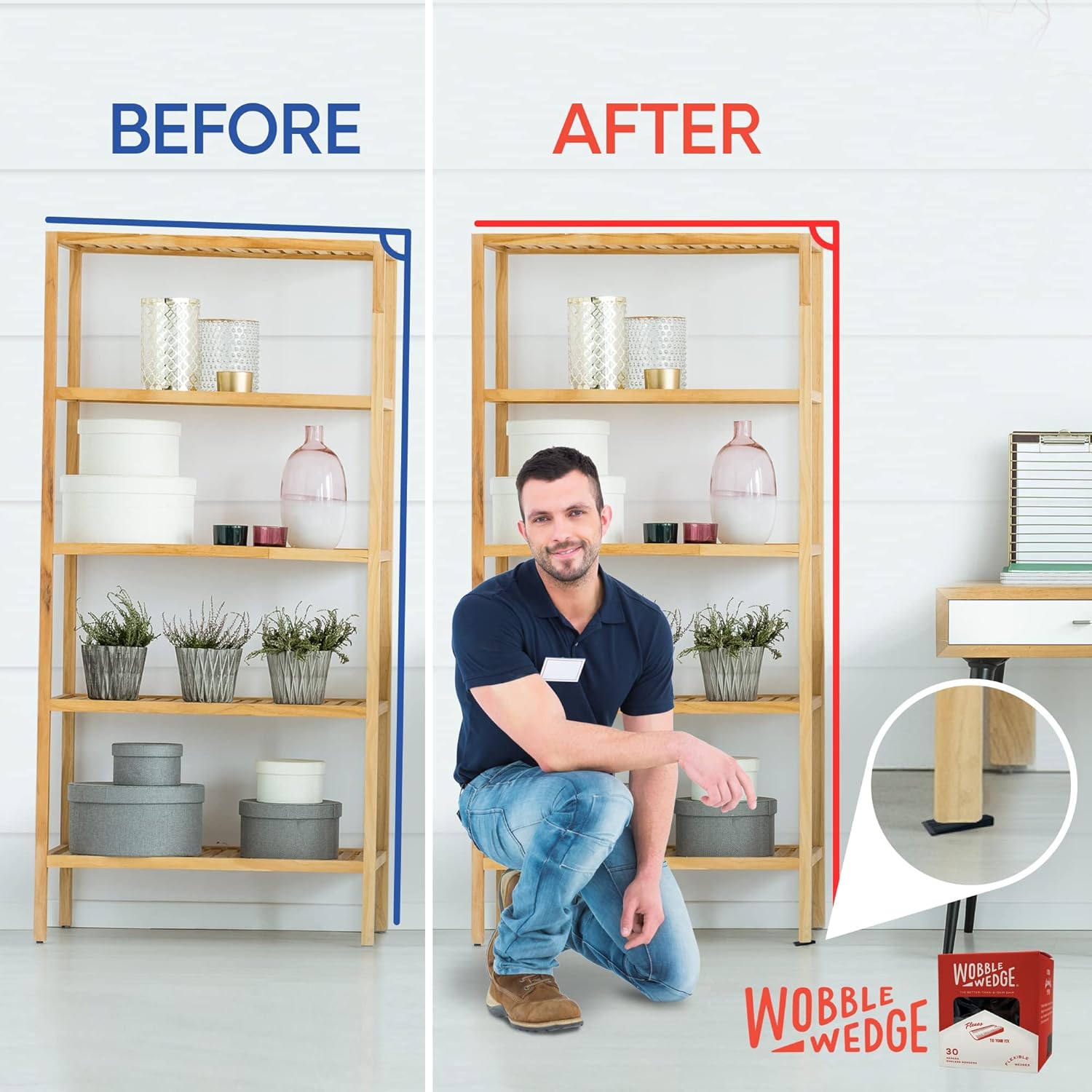 Before and after comparison of a shelf with a black Wobble Wedge product.