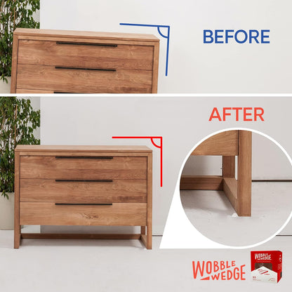 Before and after comparison of a wooden drawer with Wobble Wedge product used.
