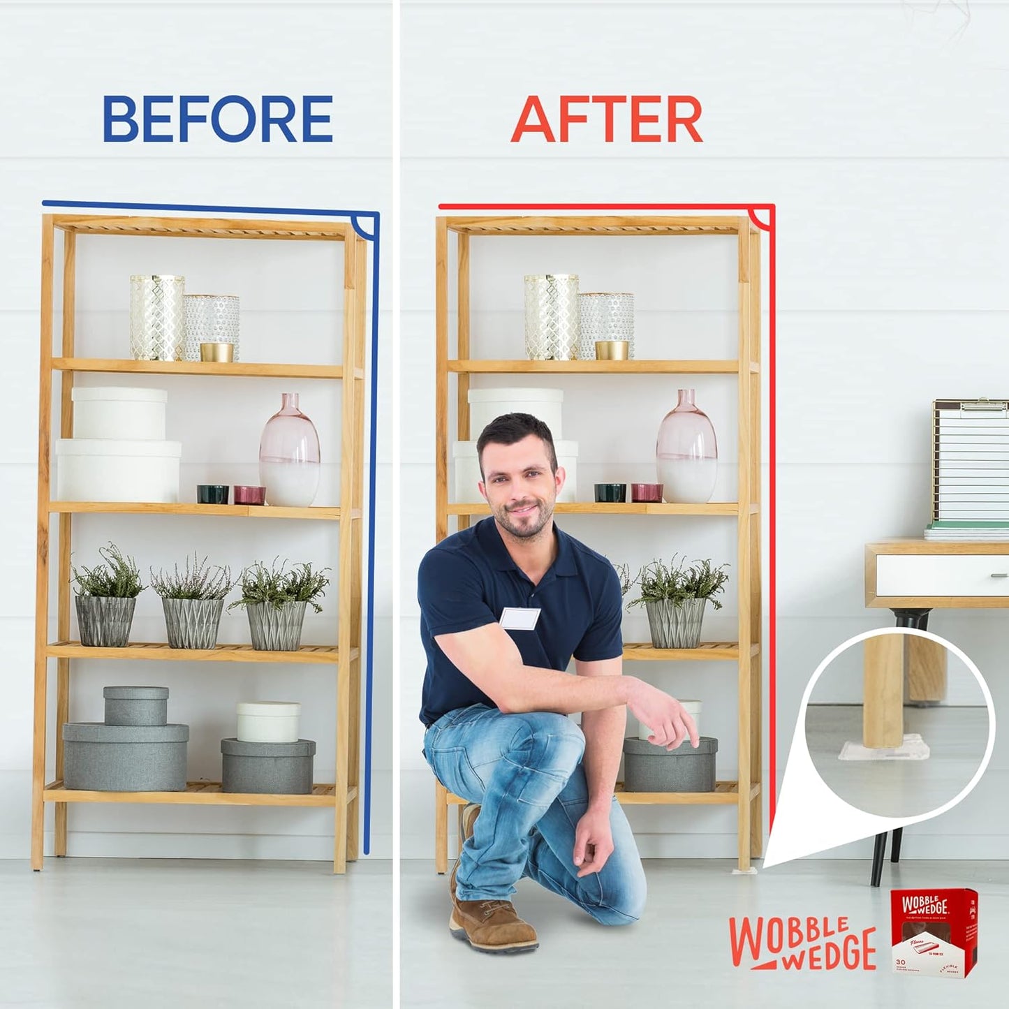 Before and after comparison of a shelf with a clear Wobble Wedge support.