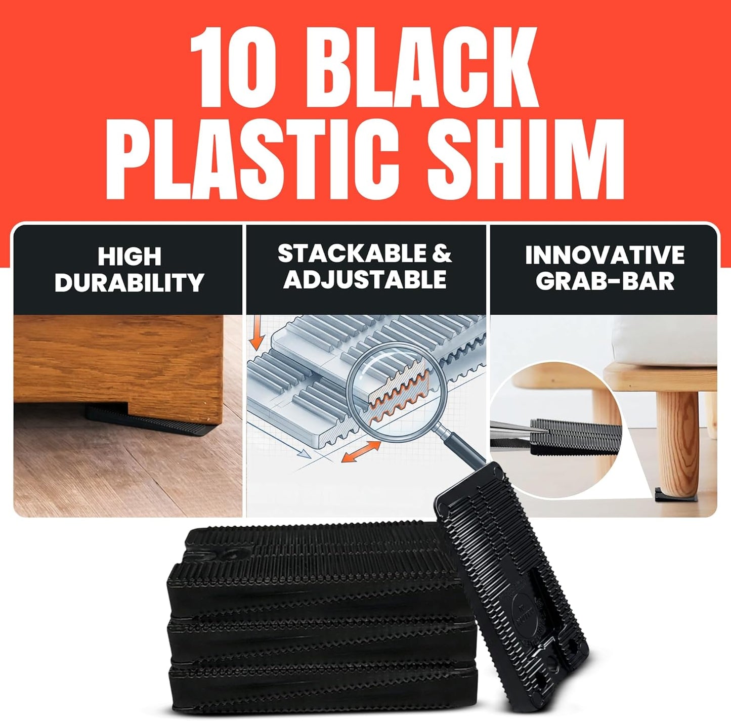 Stacked black plastic shims with features highlighted 