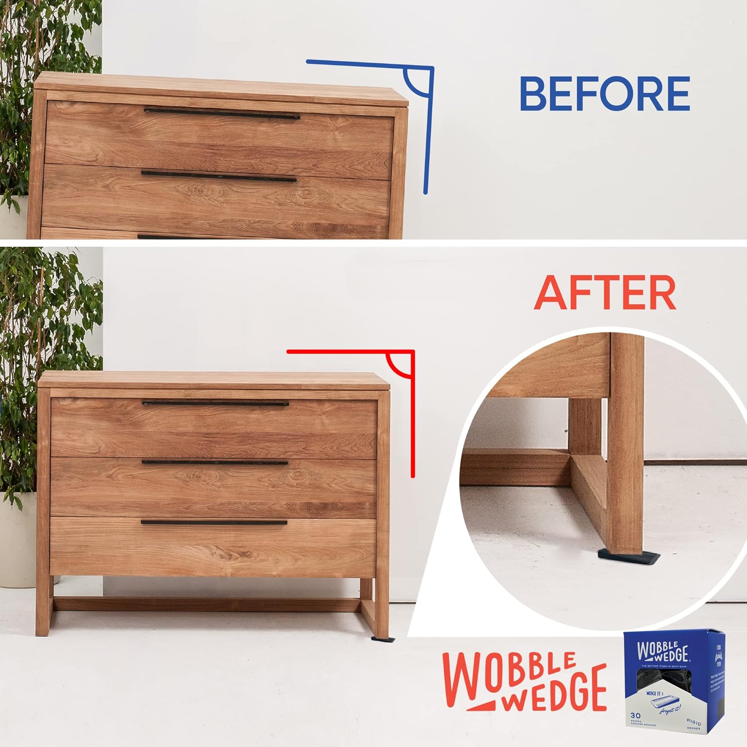 Wooden drawer before and after stabilization using black rigid Wobble Wedge