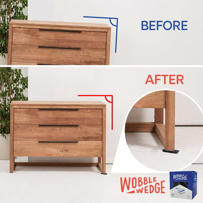 Wooden drawer before and after stabilization using black rigid Wobble Wedge