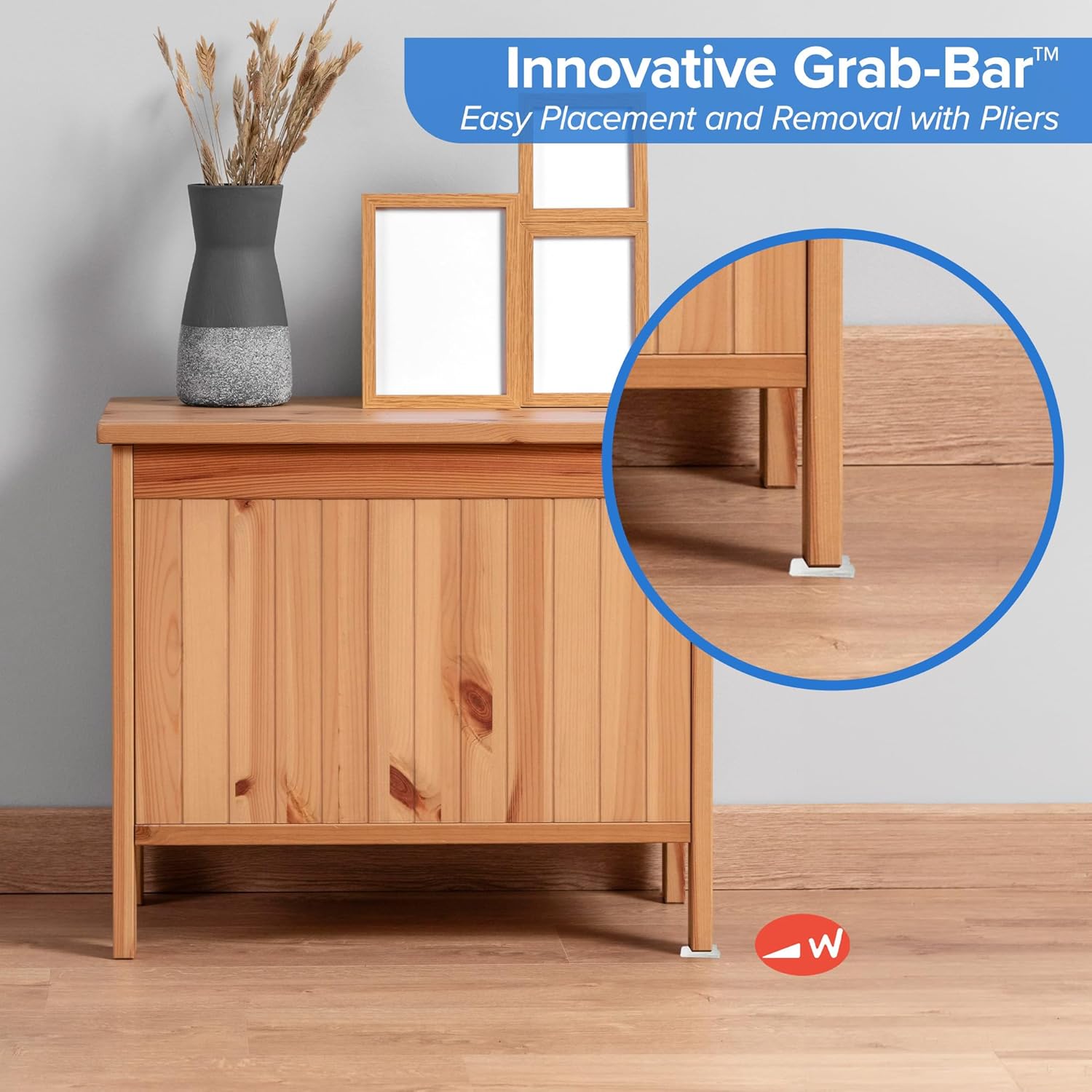 Wooden cabinet with an innovative Grab-Bar™ feature, showing easy placement and removal with pliers.