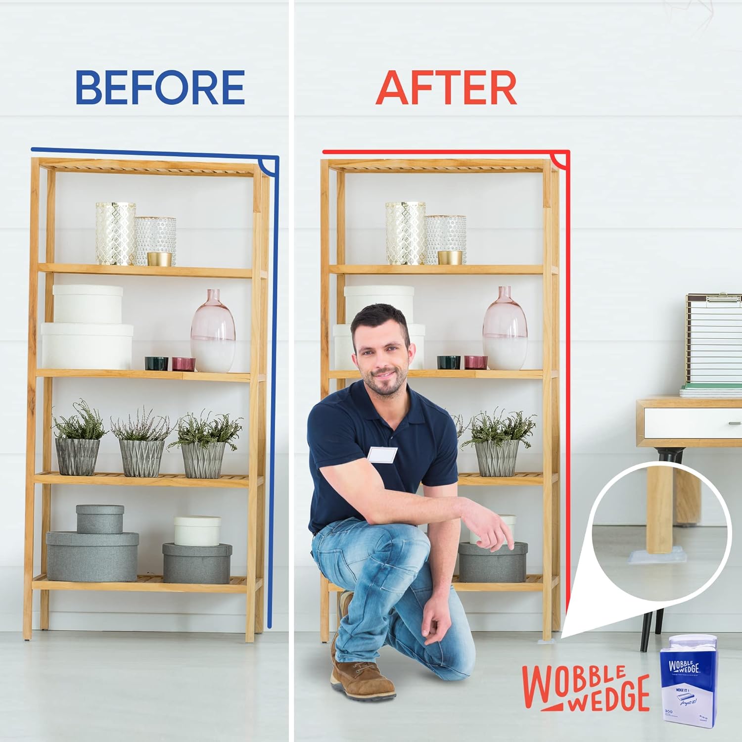Before and after comparison of a shelf with a translucent Wobble Wedge support.