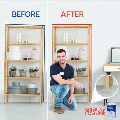 Before and after comparison of a shelf with a translucent Wobble Wedge support.