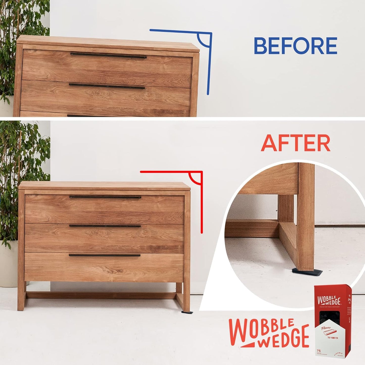 Wooden dresser with 'Before' and 'After' comparison showing a black Wobble Wedge product.